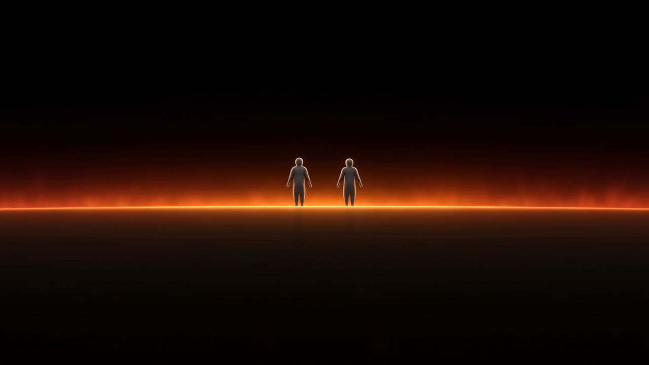 Far off at the world's rim, two small grey shapes, and a low glow beyond them