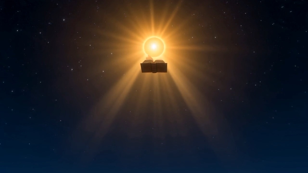 The golden book rises, open, and hangs over everything like a small warm sun