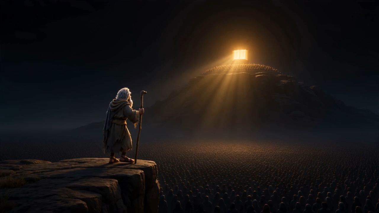At the rim of the whole vision, an old man on a ledge of rock