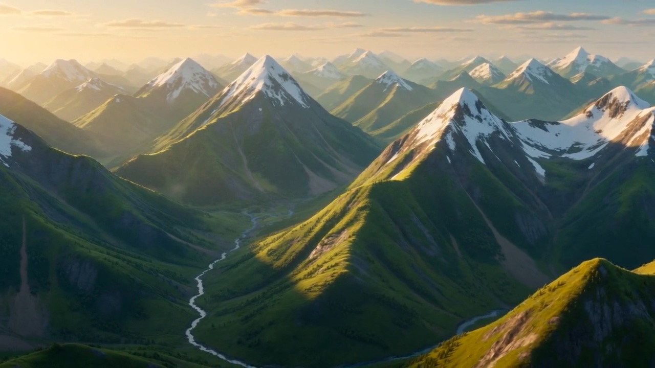 Mountains standing in glad ranks, rivers lying like glass