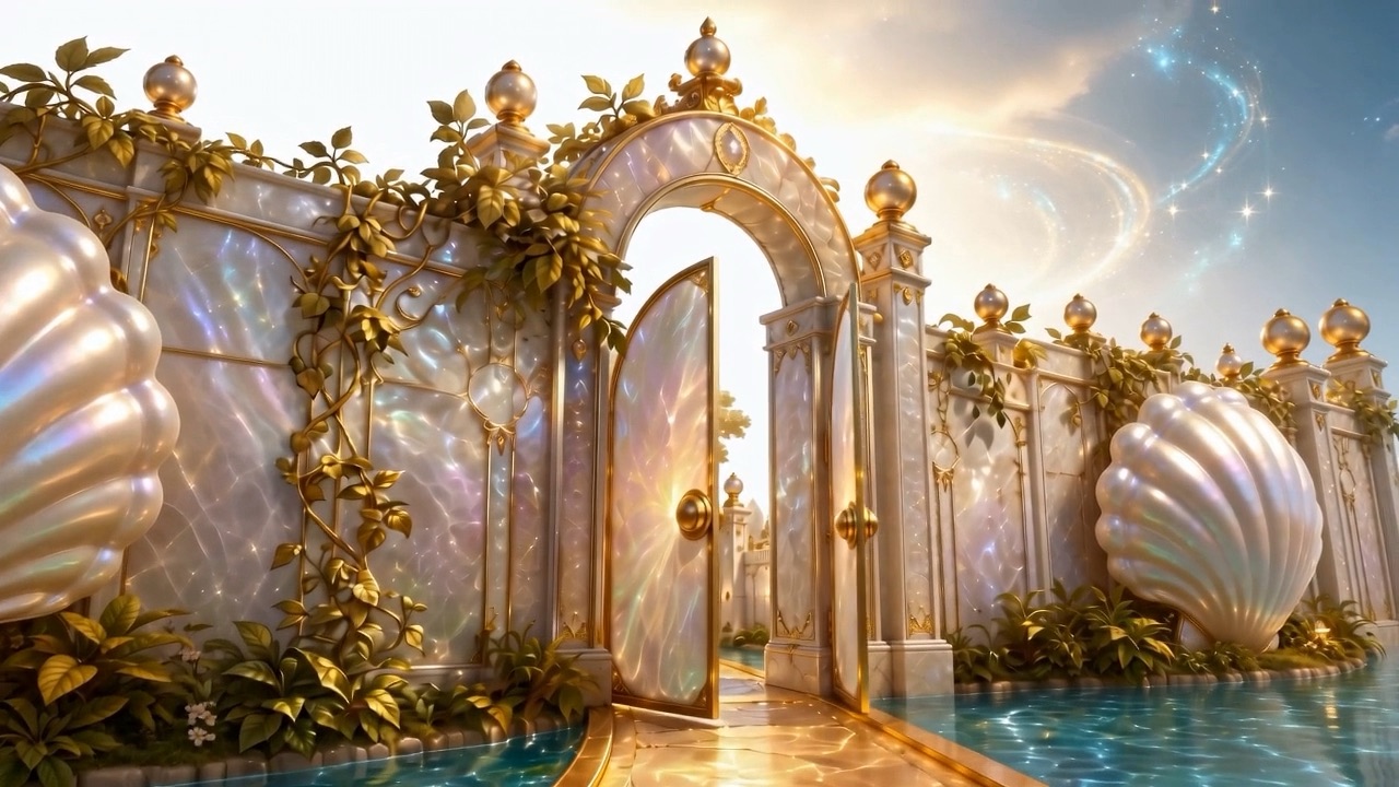 And her gates: each one carved from a single colossal pearl. Standing open