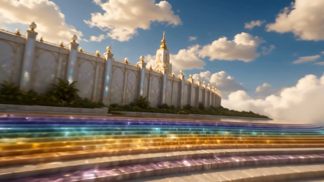 Foundations banded course upon course — sapphire, emerald, topaz, amethyst