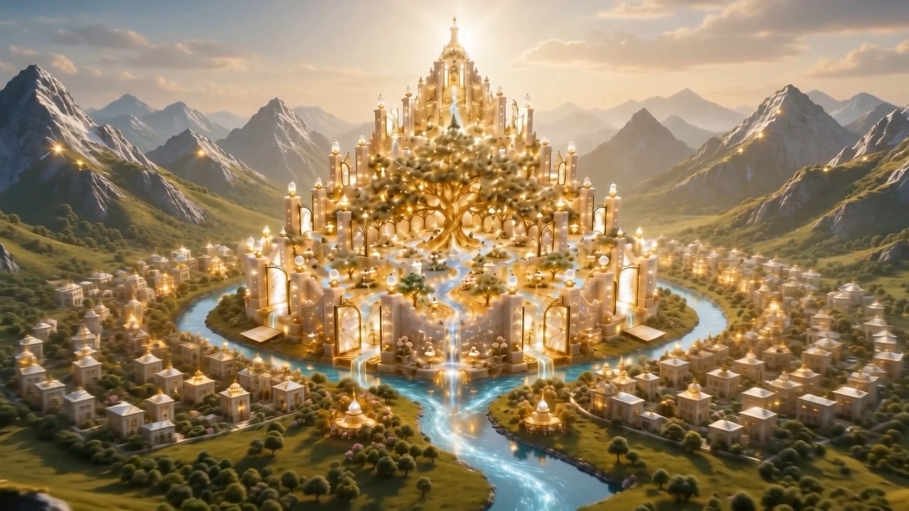 Home and world, joined. Mountains bowed around the whole horizon