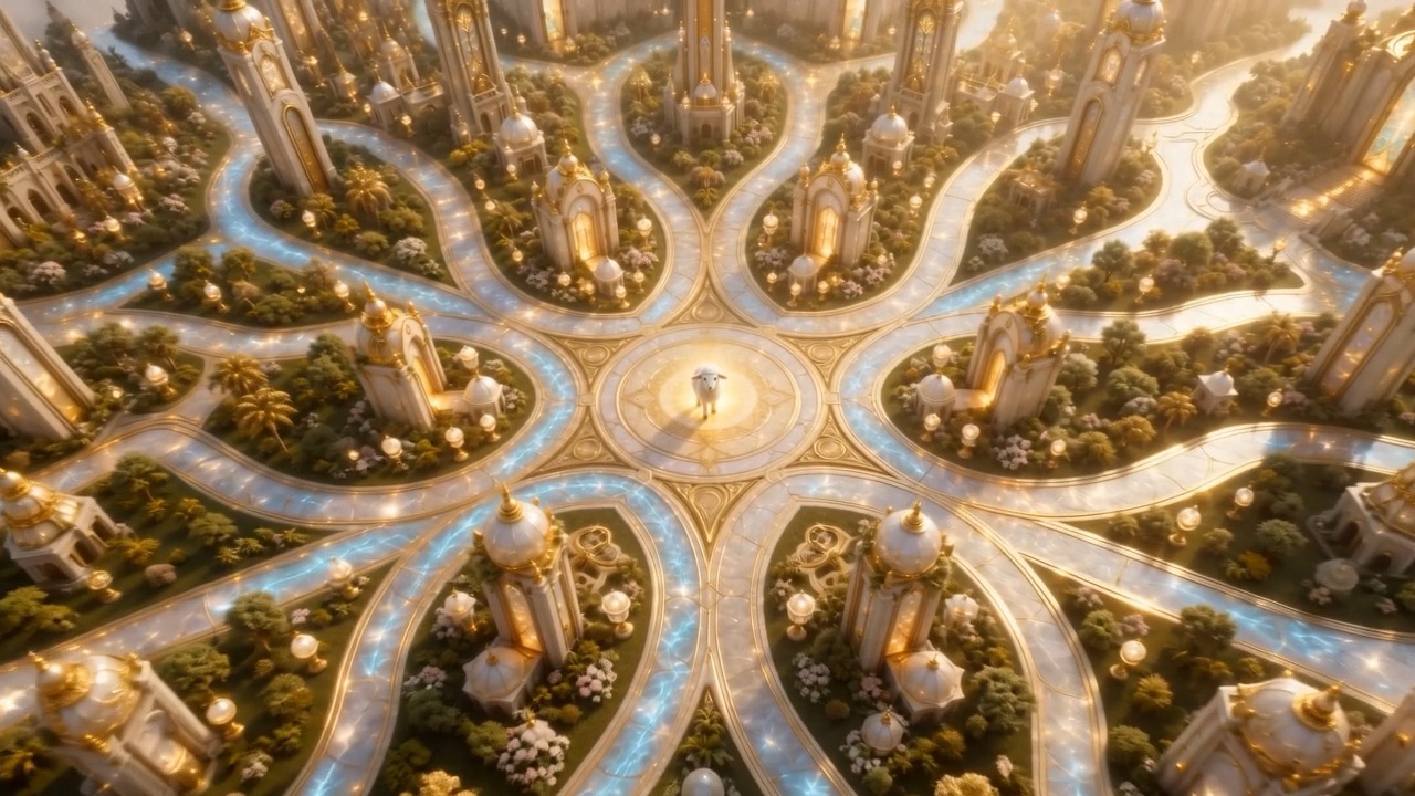 Look down over the roofs for the holy building — the shrine, the walled-off quarter