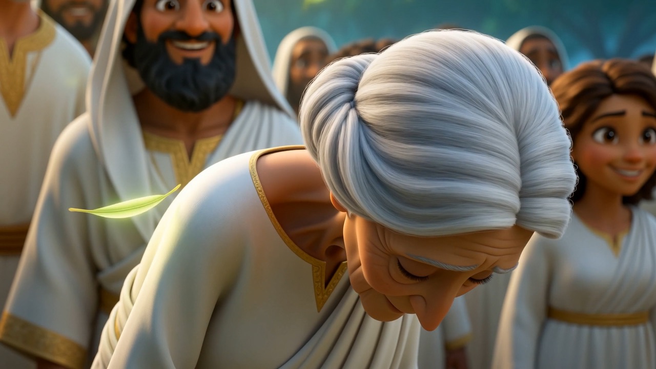 One brushes a bent grandmother's shoulder