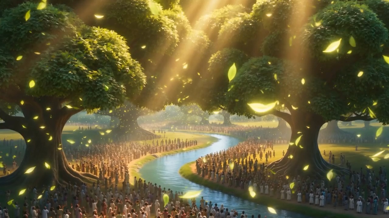 The canopy lets go, and the leaves come down over the crowds like slow bright snow