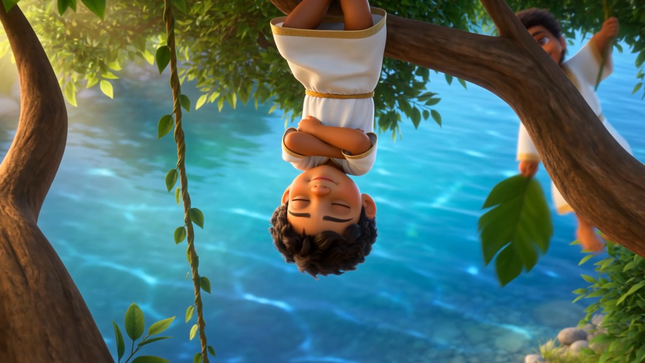 One small boy hanging by his knees, arms folded, entirely at peace