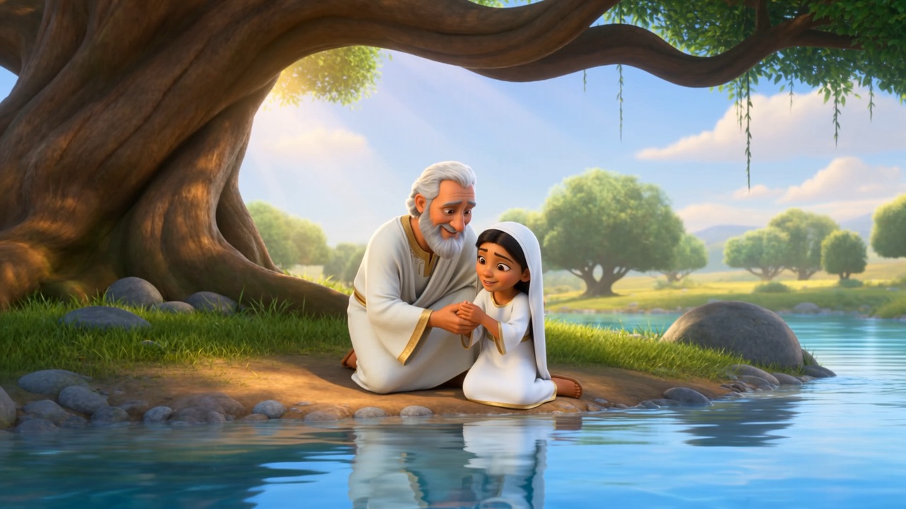 And down at the brink, an old man kneeling with a small girl