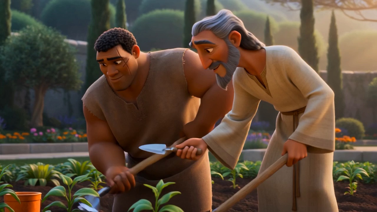 Two men planting a bed together: one broad and scarred, one lean and grey