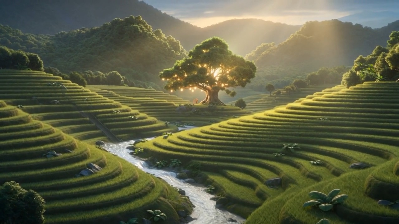 Eden: terraced green, a silver river, young light on every leaf