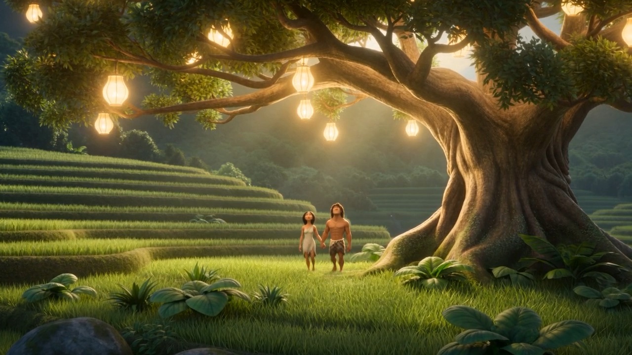 Fruit glowing in the branches like held lamps — and two small people underneath, at home