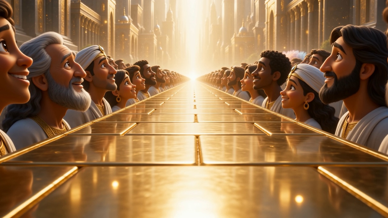 All down the golden avenue, the faces are turned the same way