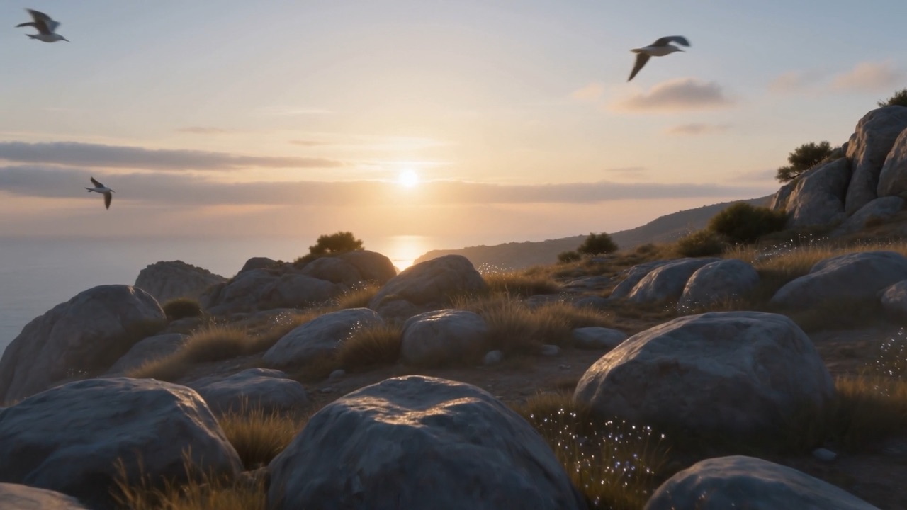 Gray rock, wind-bent grass, gulls waking into the light
