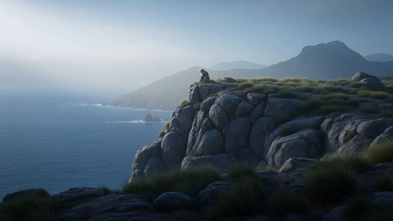 And on the high headland, exactly where we first found him: a small kneeling figure
