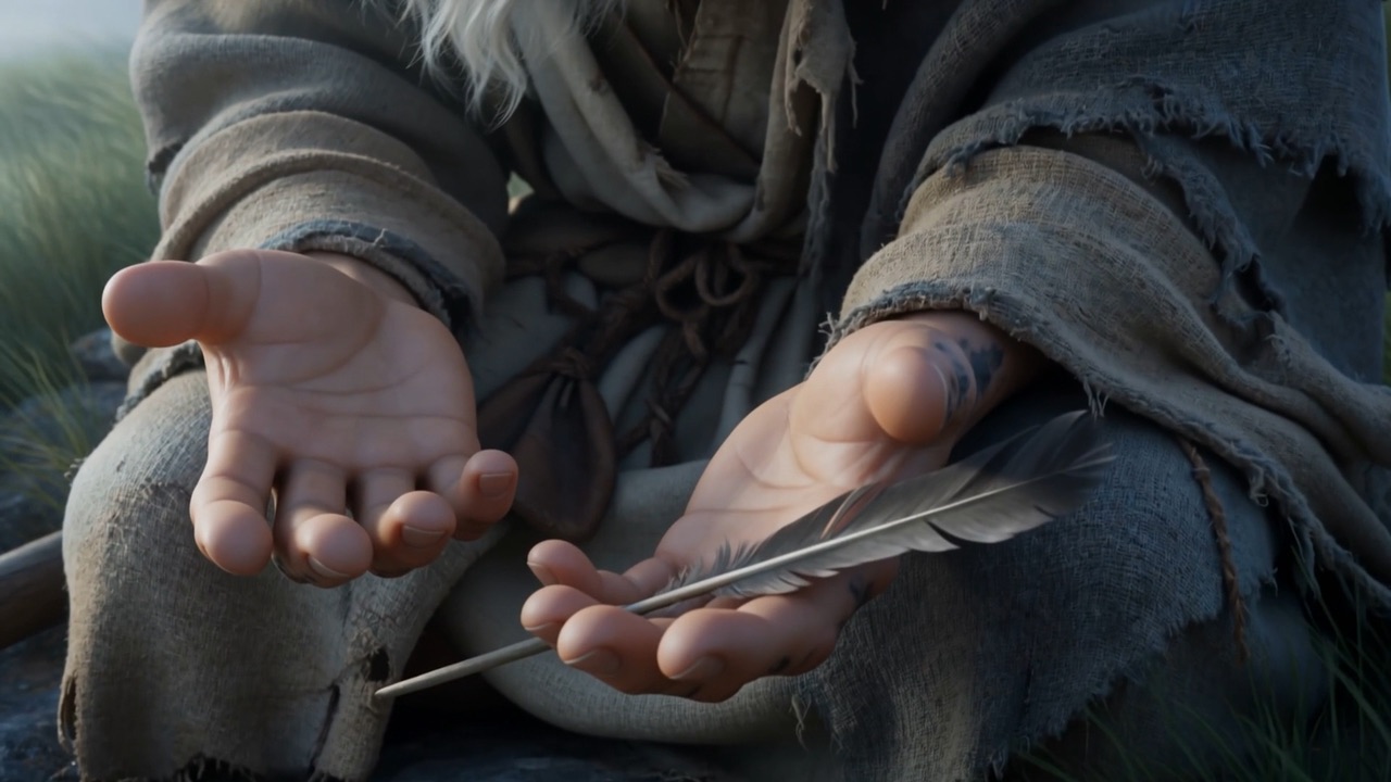 His hands rest open on his knees, and the quill is laid down across them