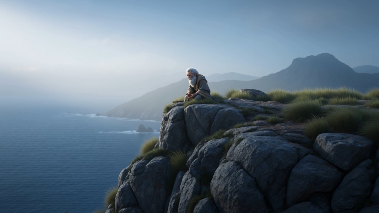 An old man again. On a rock in the ocean. Only that