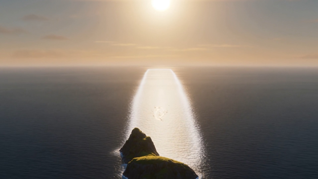 The sea silvering wave by wave — a brightness travelling outward, away from the island
