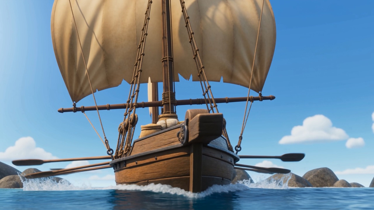 The sail rattles up and fills, and the boat clears the rocks