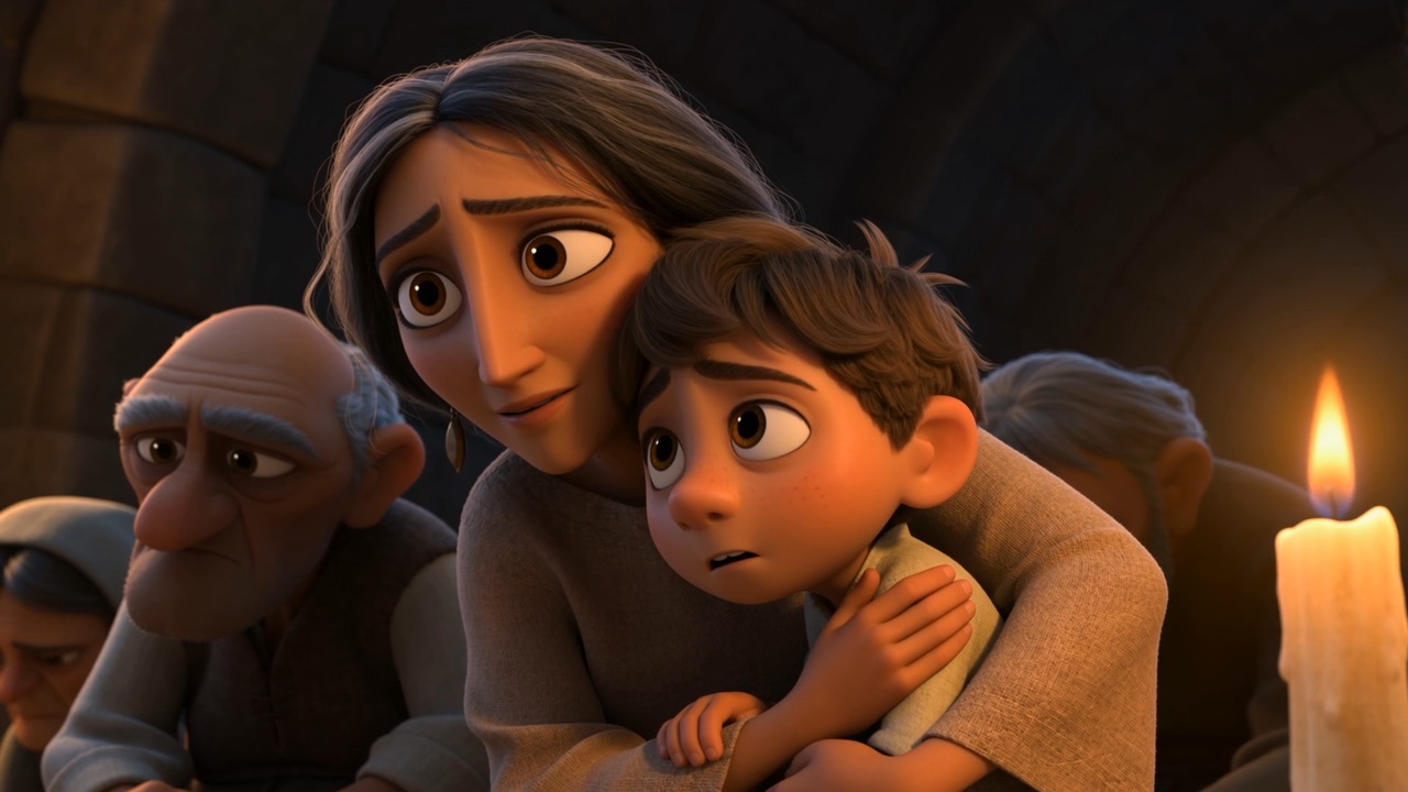 A young mother pulls her son in close — and smiles upward