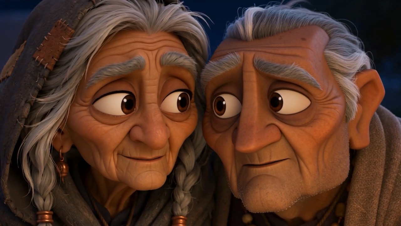An old husband and his small round wife, shoulder to shoulder at the front