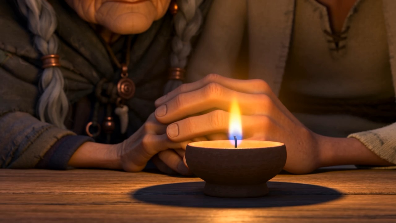 Their hands come together around one clay lamp on the table
