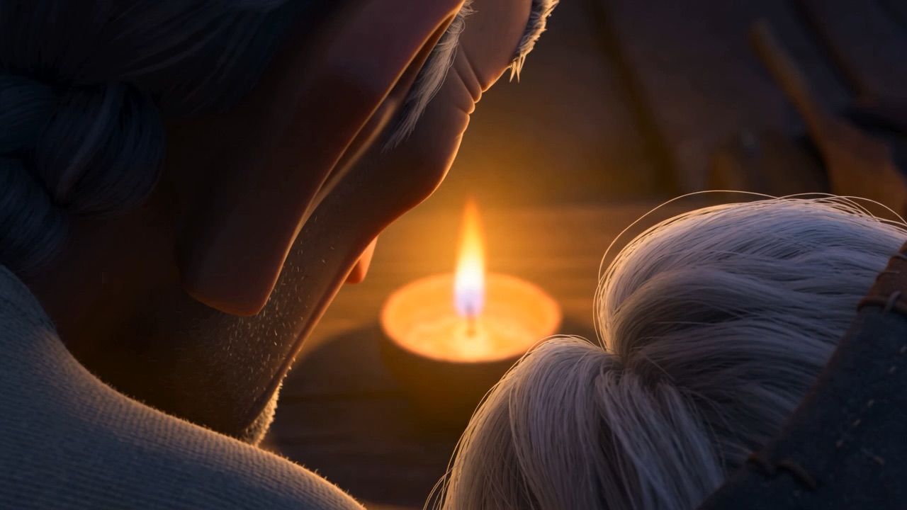 Two gray heads inclined together, and one flame between them