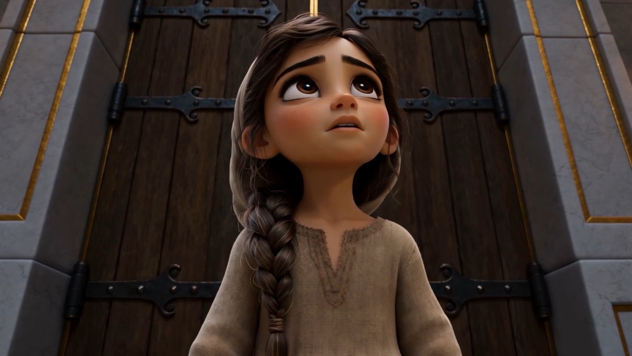 At the back of the gathering, a nine-year-old serving girl stands up