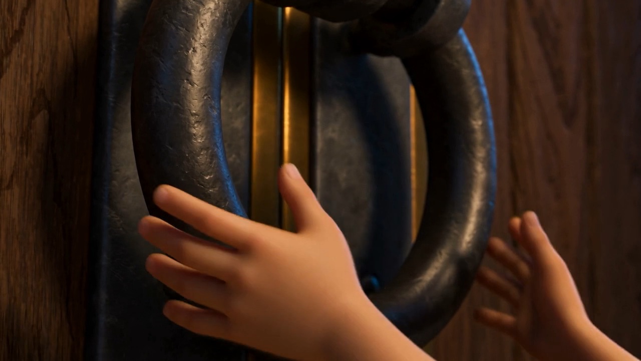 She takes the great iron latch in both small hands