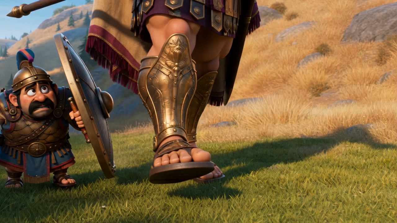 Bronze greaves stride through the grass