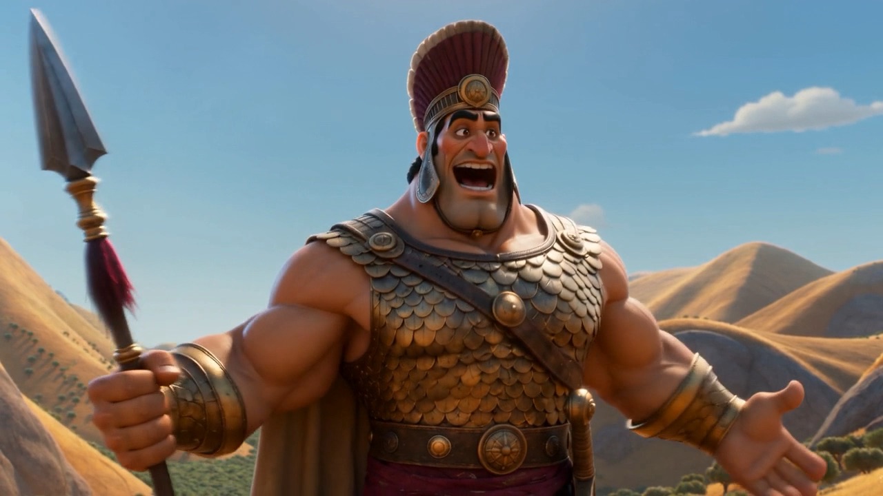 Goliath of Gath roars his challenge at the hills