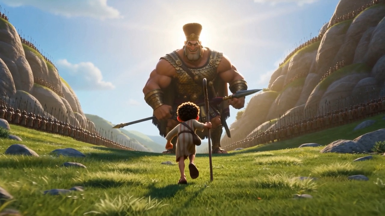 The boy runs at the giant, sling in hand