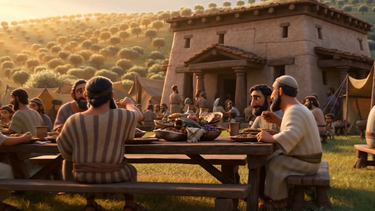 Festival tables at Shiloh in the golden evening