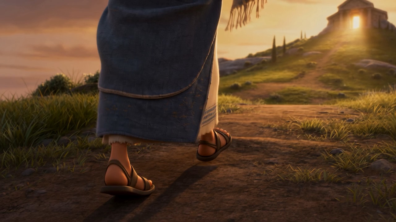 Hannah walks alone toward the lit temple at dusk