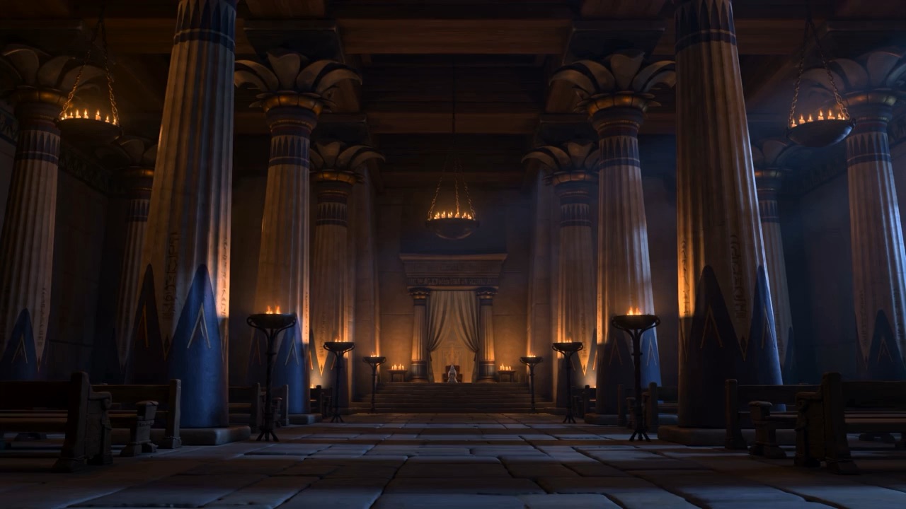 Hannah kneels in the dusky hall; Eli watches from his seat