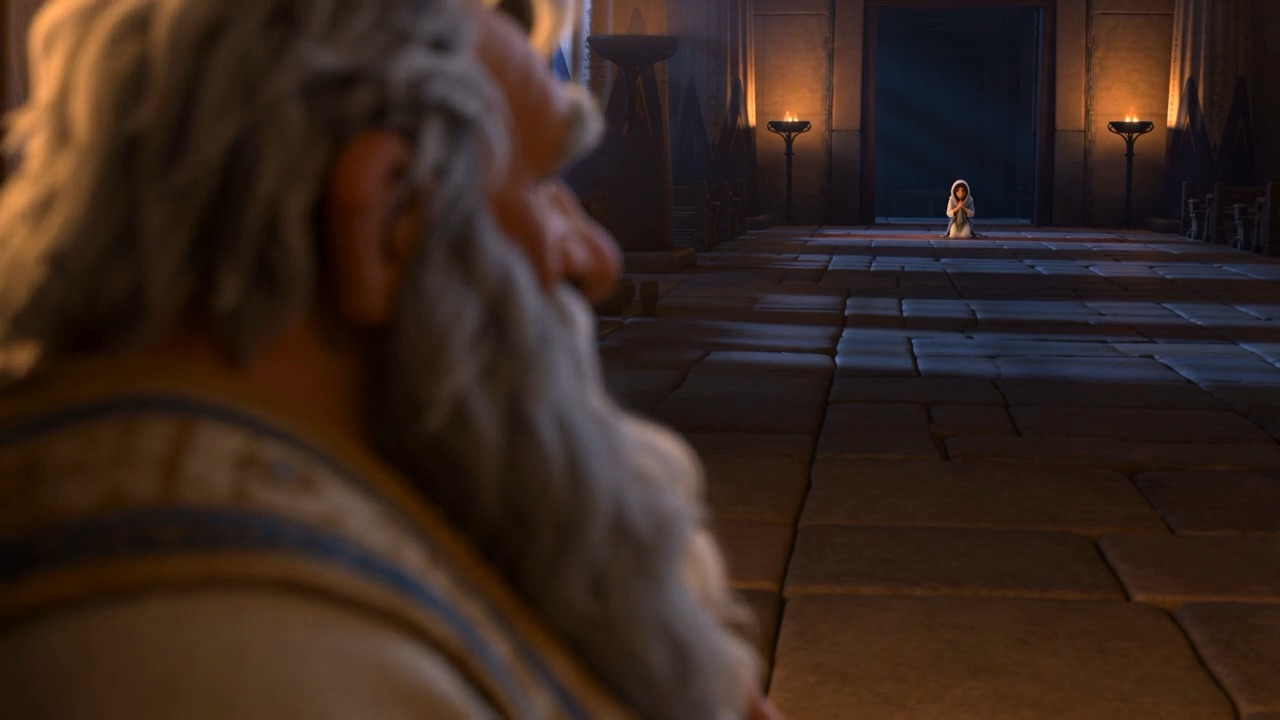 The old priest squints at the swaying woman