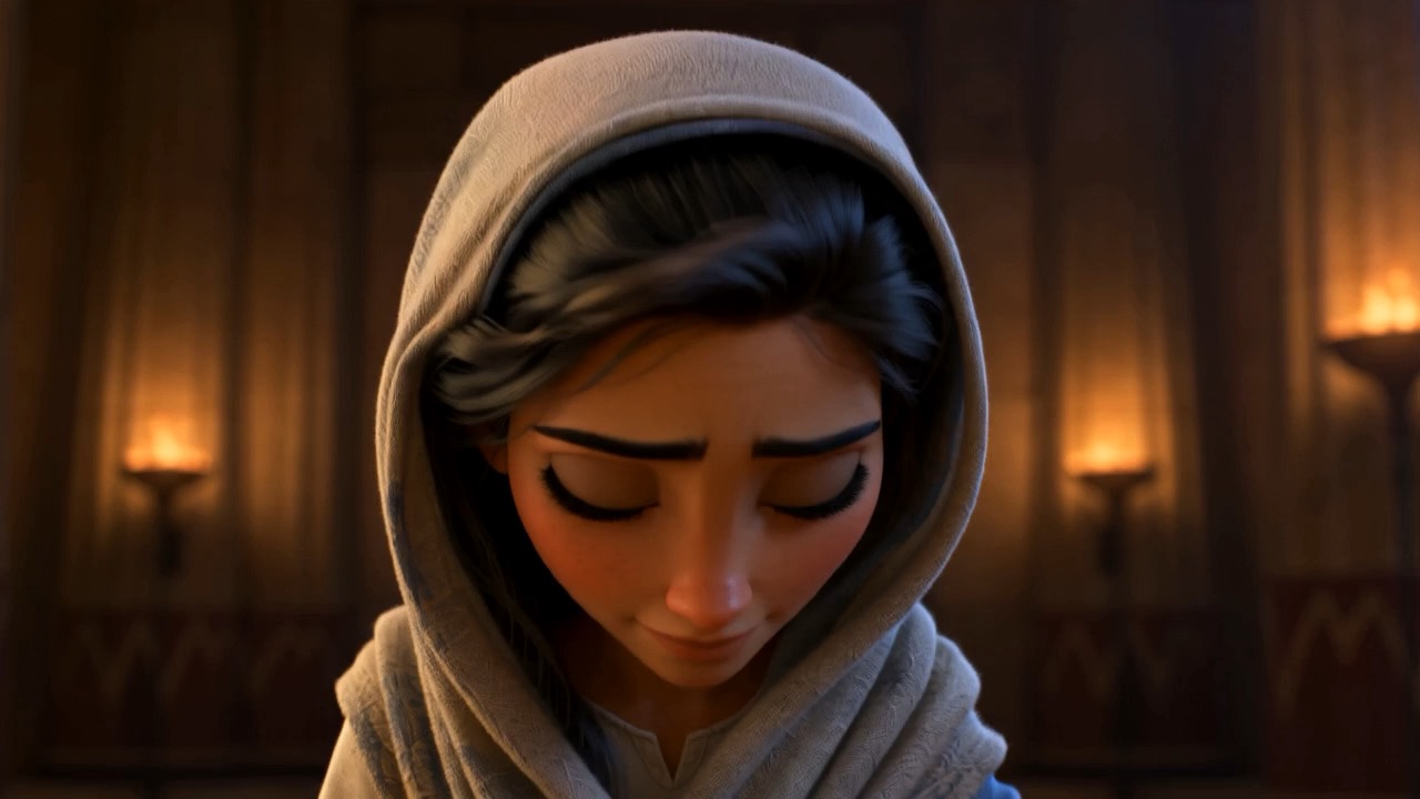 Hannah bows her head, lighter