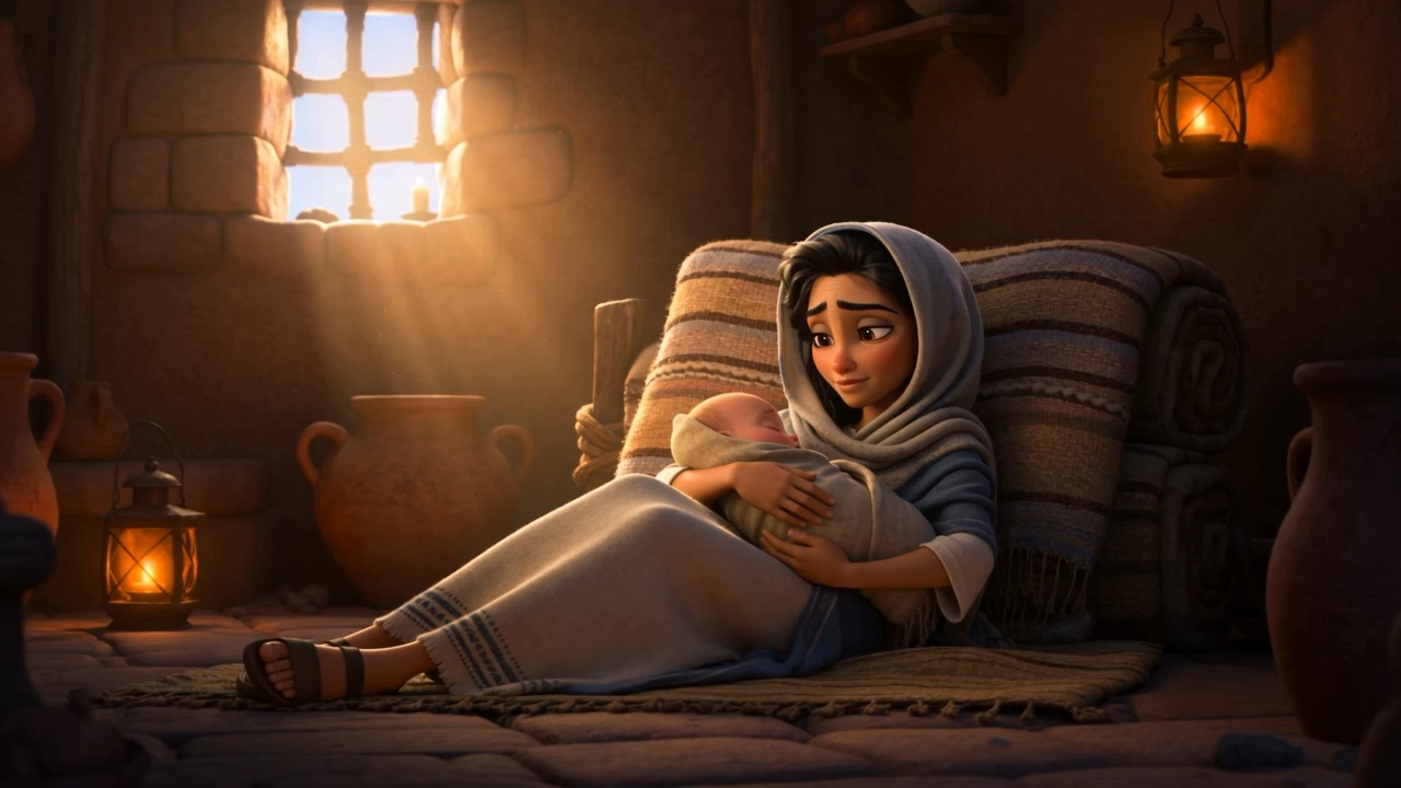 Hannah cradles the baby in the lamplit room