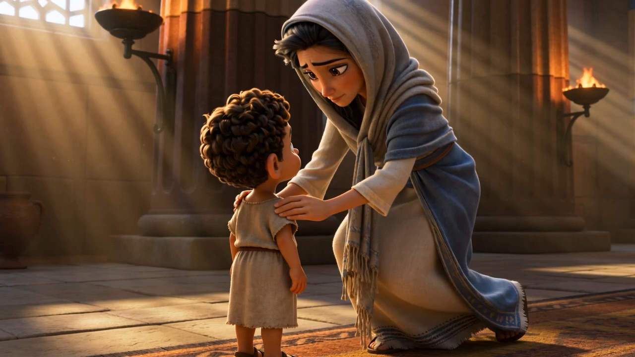Hannah kneels to her son's eye level