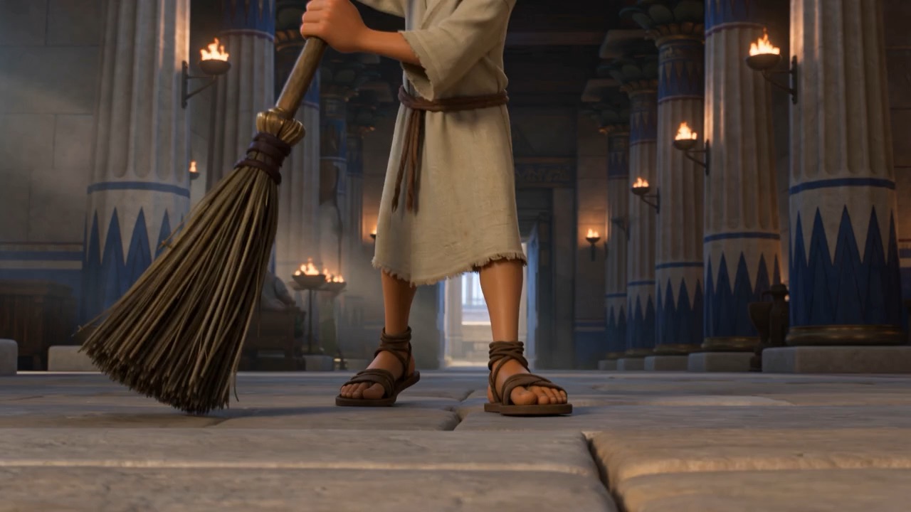 Hophni struts the courtyard with a bronze meat-fork