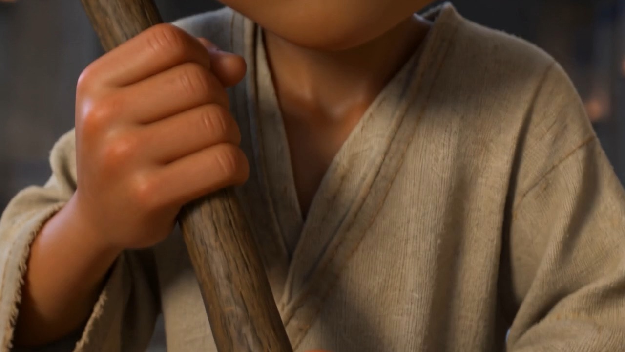 Young Samuel sweeps; his grip tightens on the broom