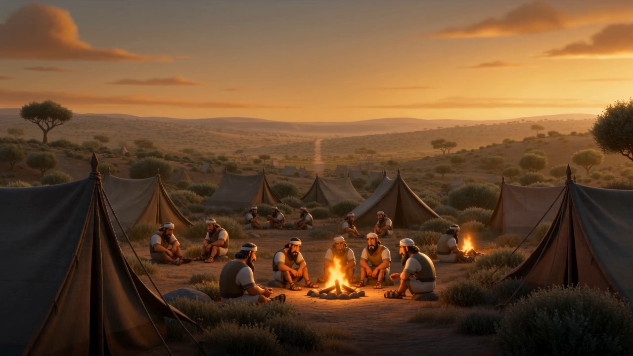 Soldiers sit close around a small fire in the camp