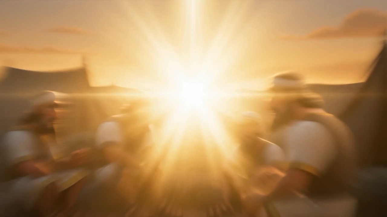 A blinding golden light breaks over the camp