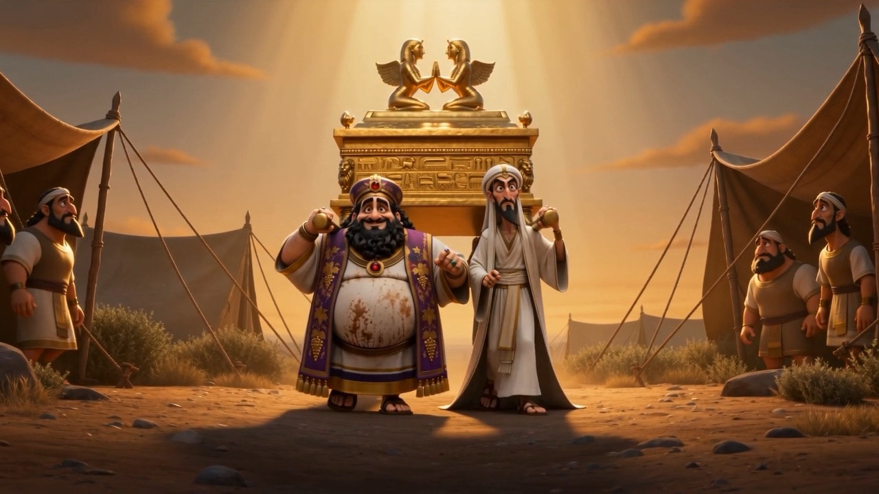 Two priests stand beside the golden ark among the tents