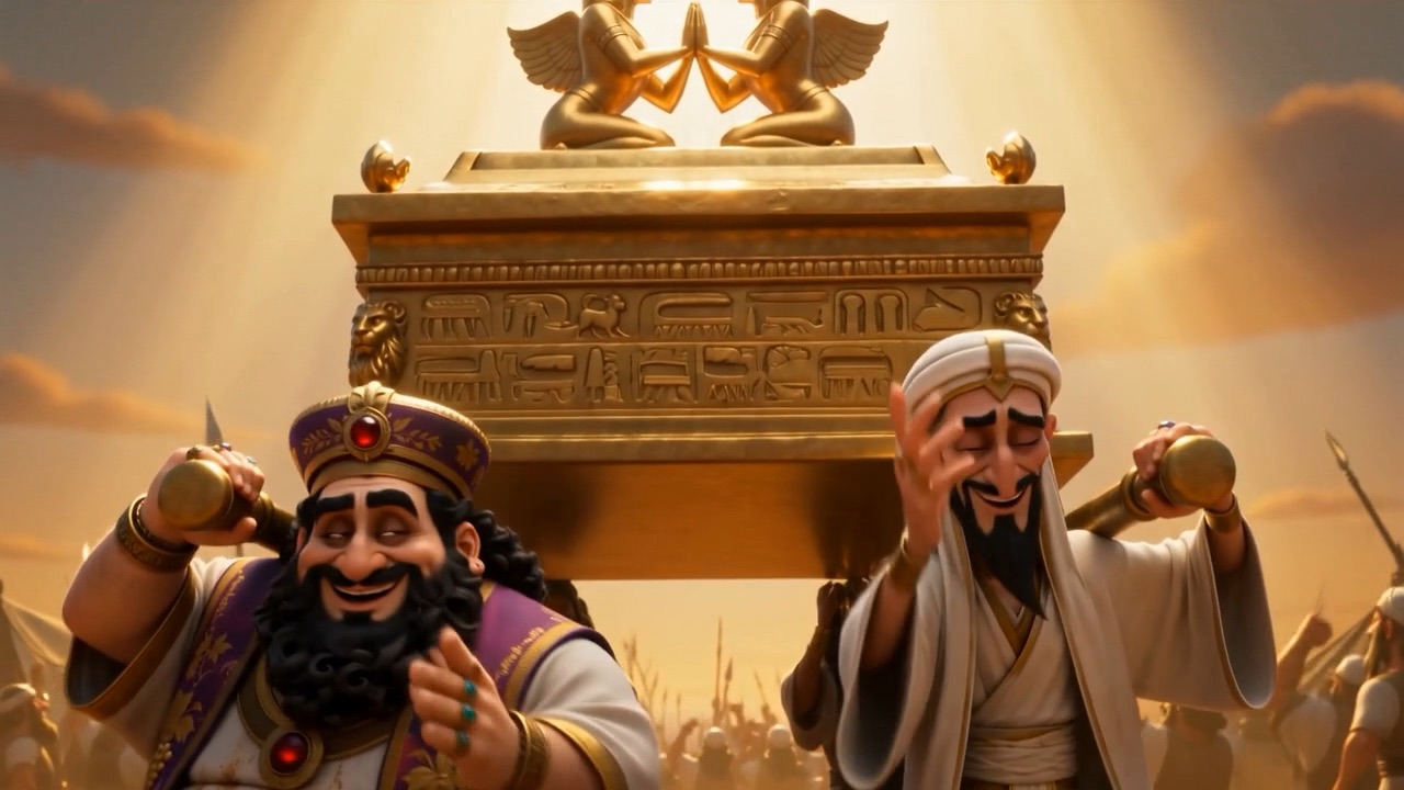 Eli's sons grin as they carry the ark on its poles
