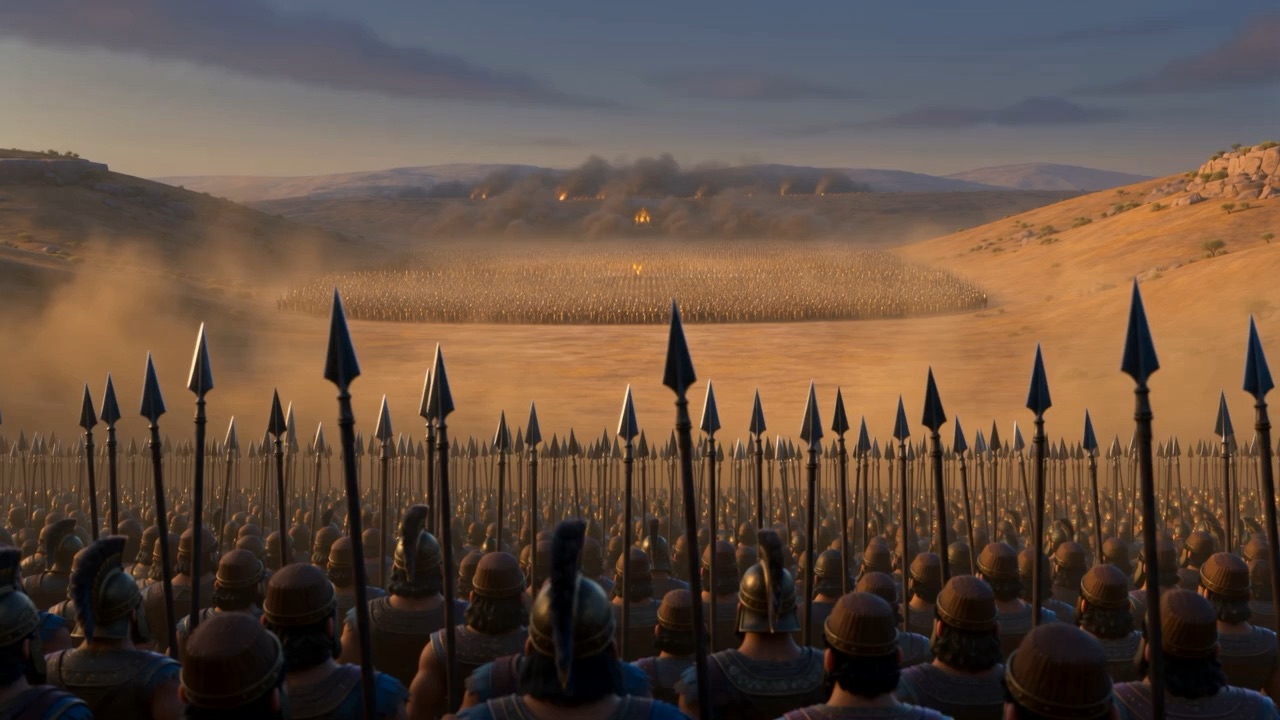 Massed Philistine spears bristle on the far hillside