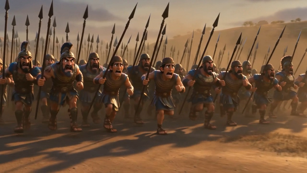 The Philistine ranks charge through the dust