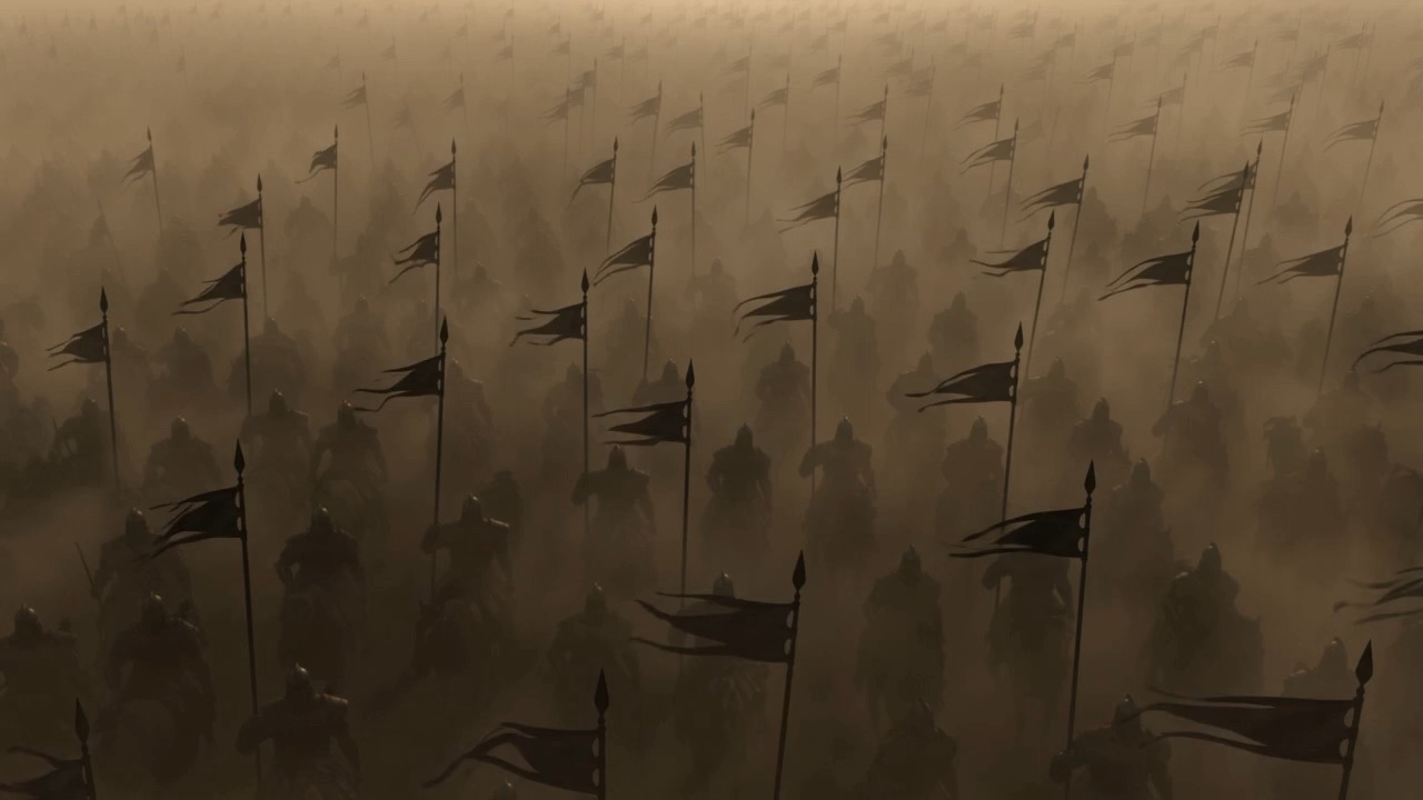 Banners and spearmen swallowed by rolling dust