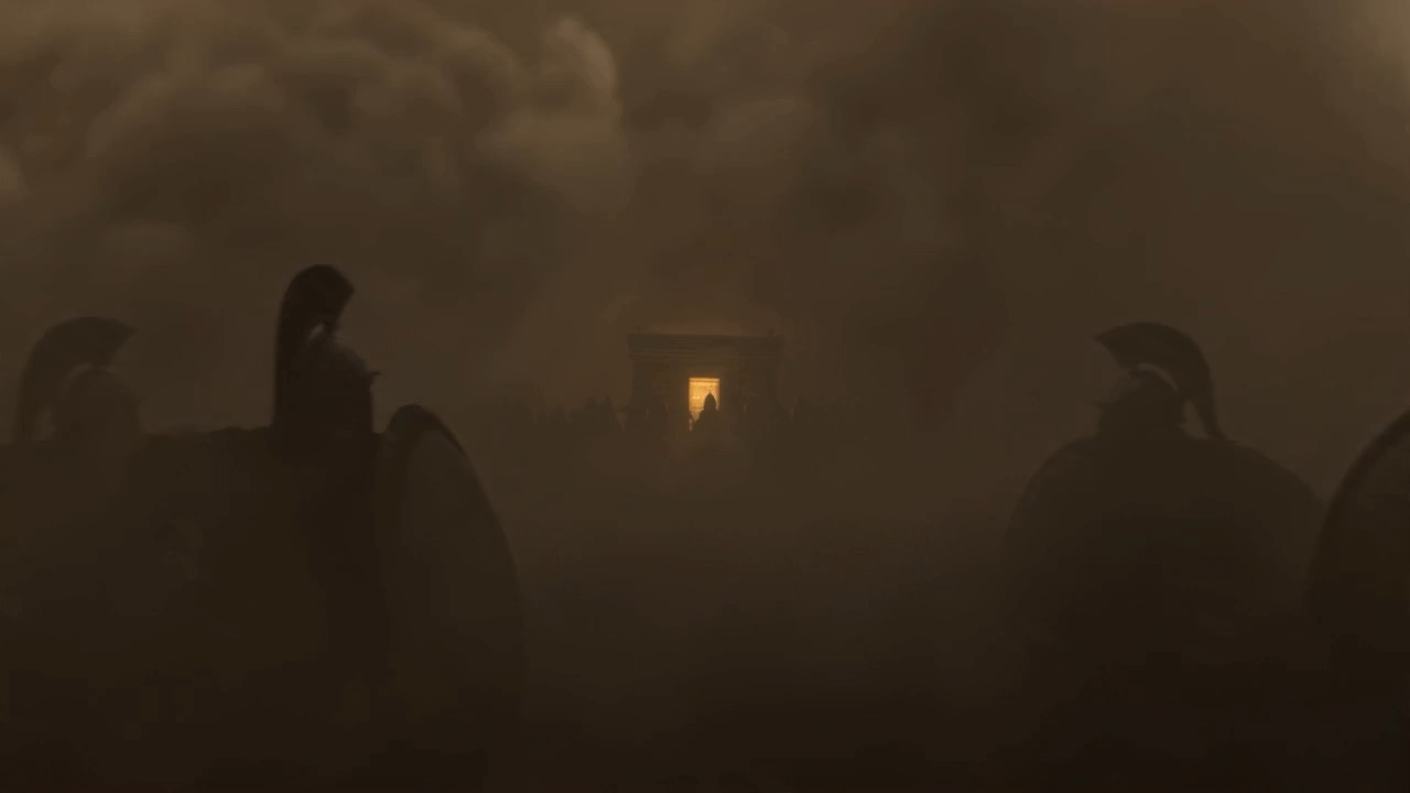 Silhouetted soldiers close around a small golden glow