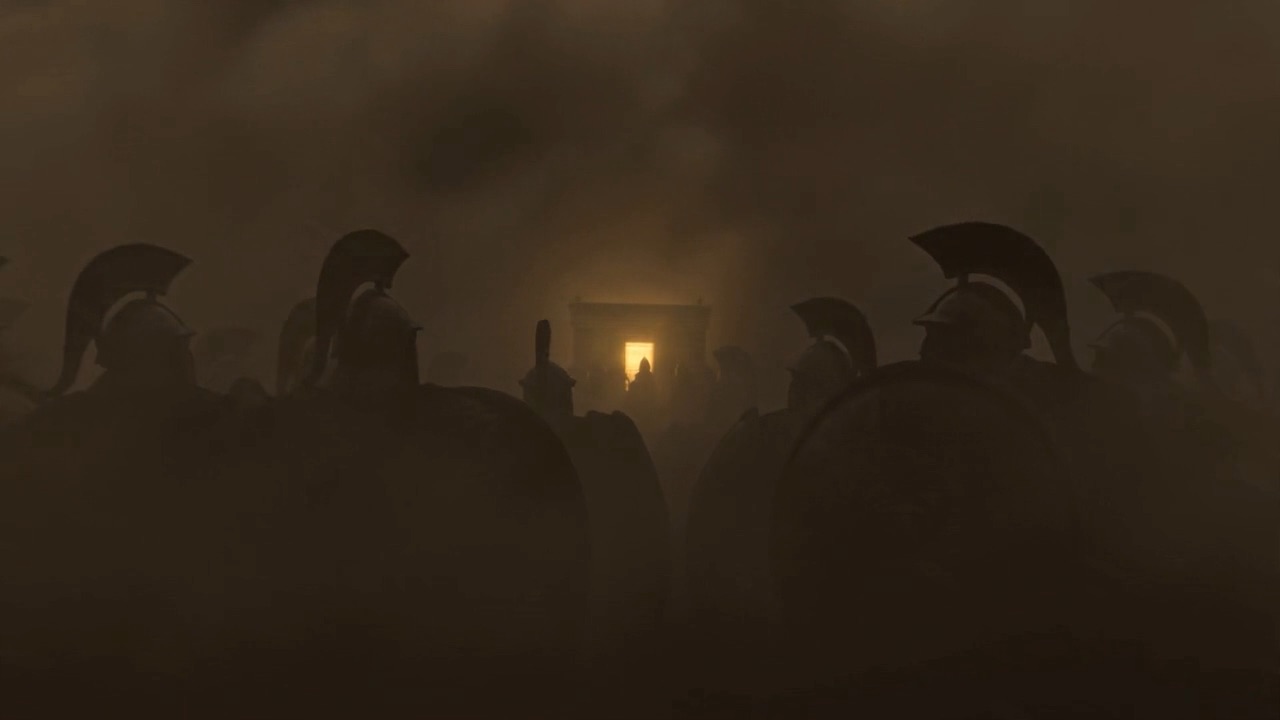 Helmeted shapes crowd the golden glow in the murk