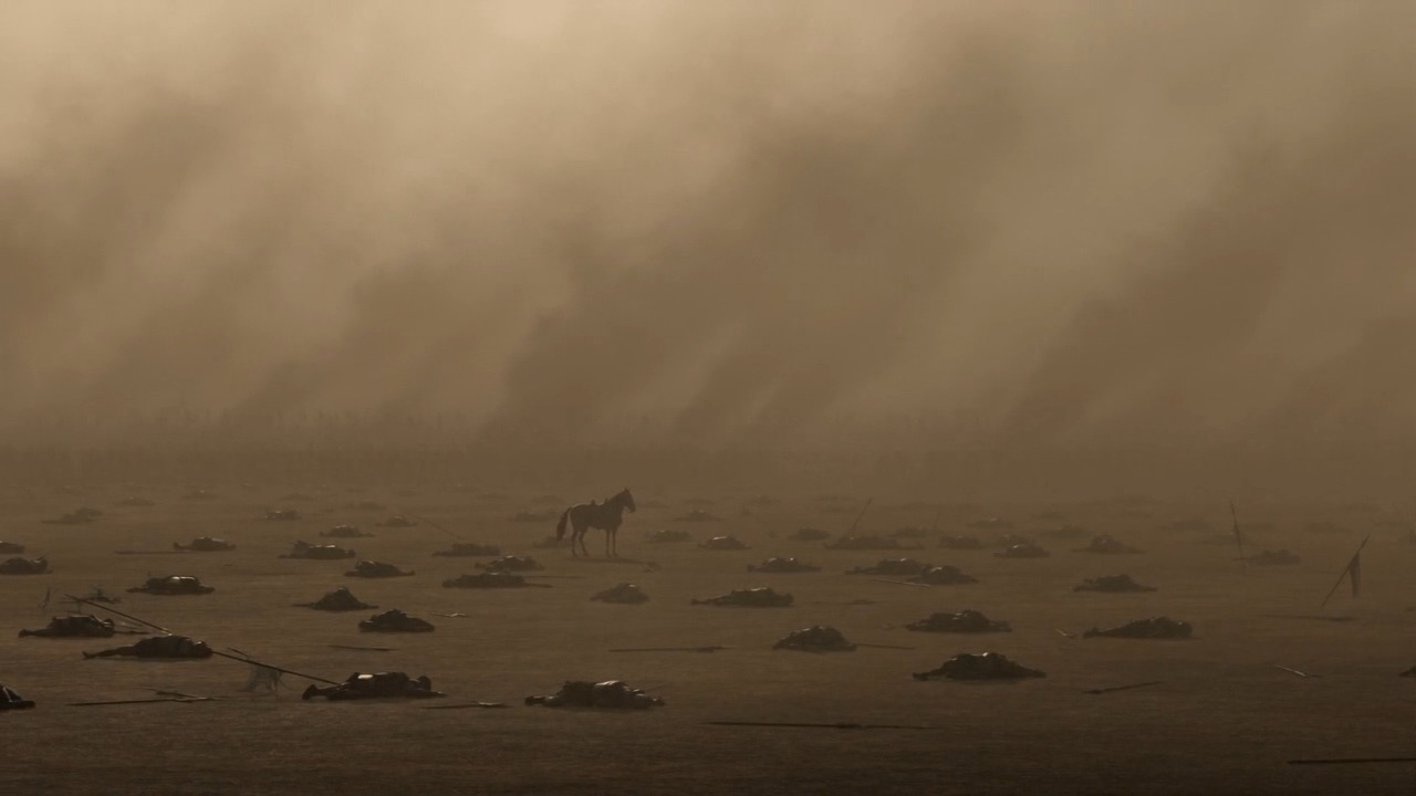 A lone riderless horse far off in the dust